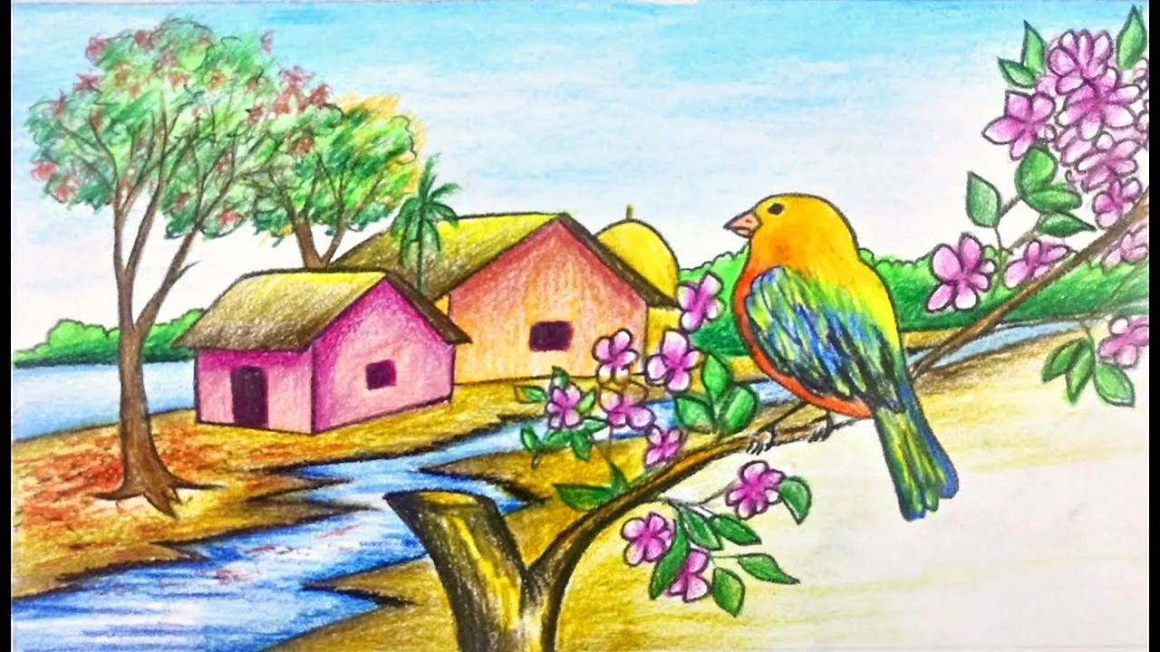 Весенний пейзаж цветными карандашами