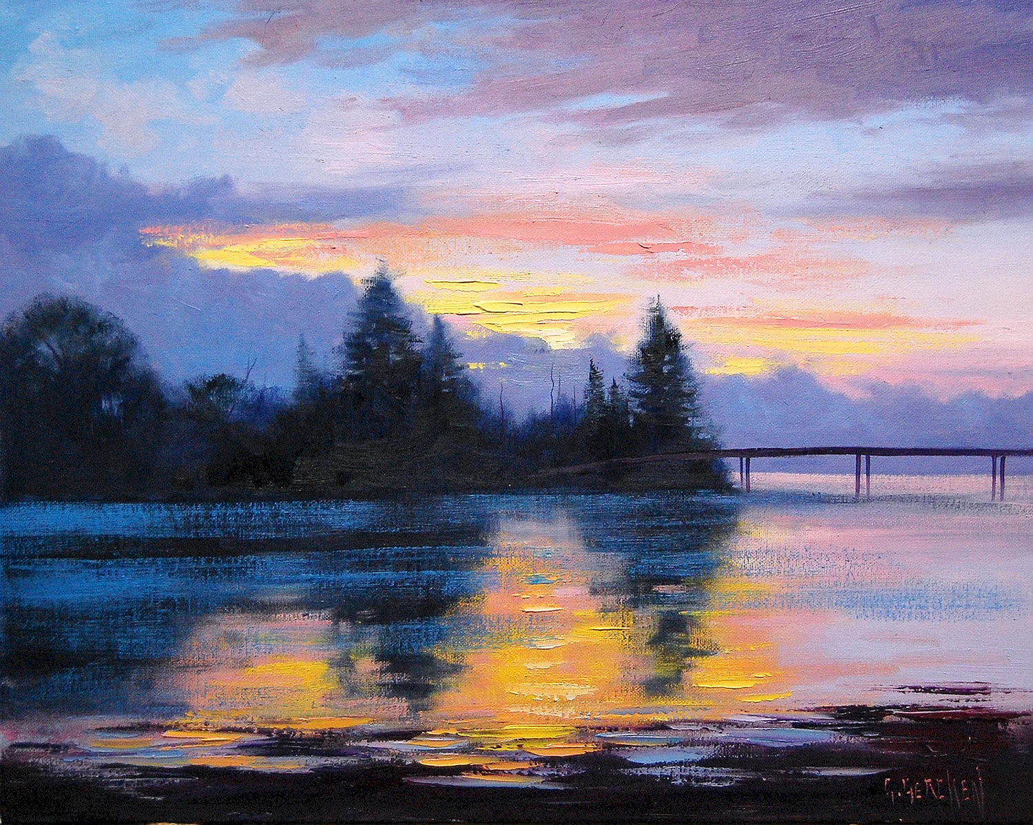 Закат на озере живопись