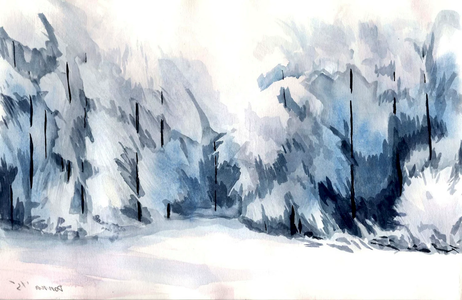 Зимний лес акварель