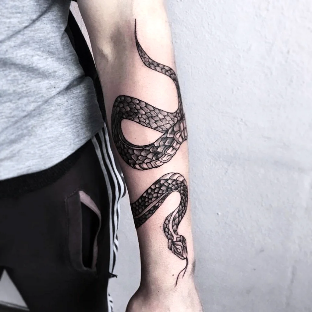 Змея обвивается вокруг руки тату