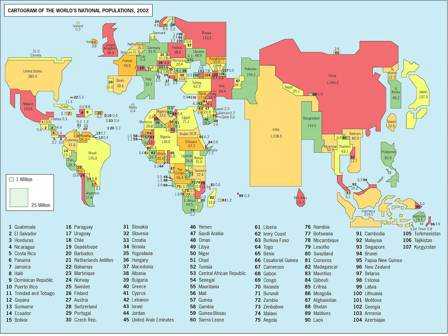 Численность населения стран мира на карте мира