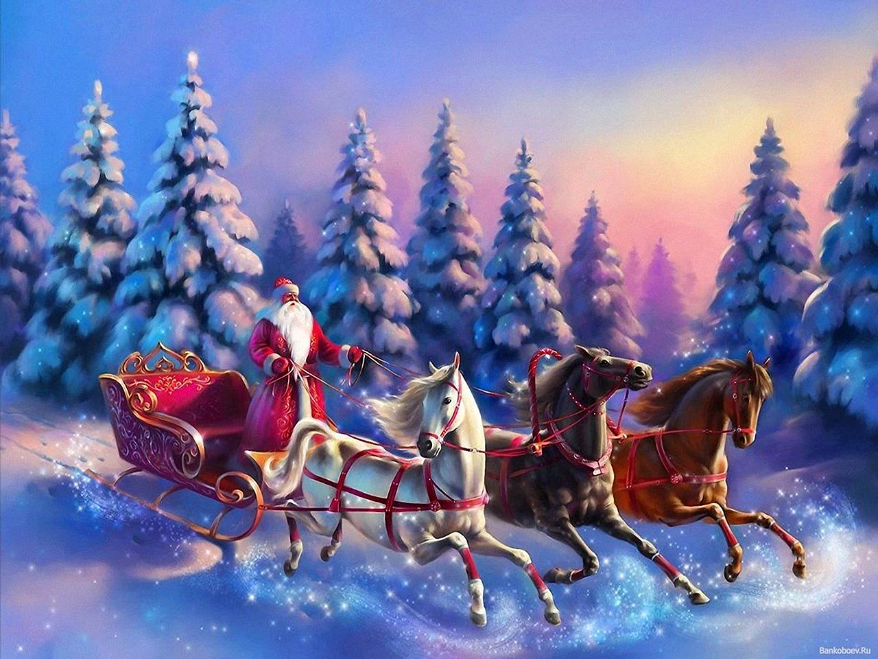Дед Мороз на тройке лошадей