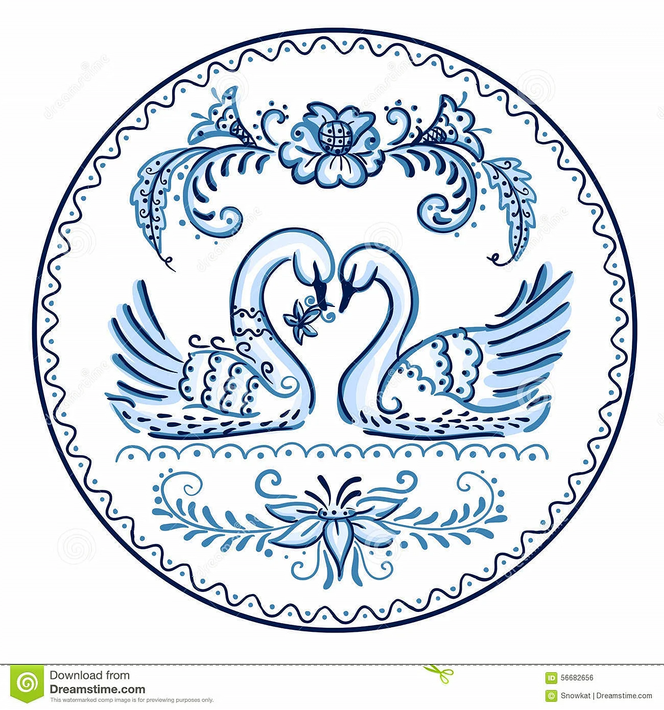 Гжель роспись на тарелке с лебедями