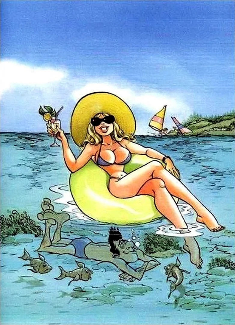 Карикатура женщина на пляже