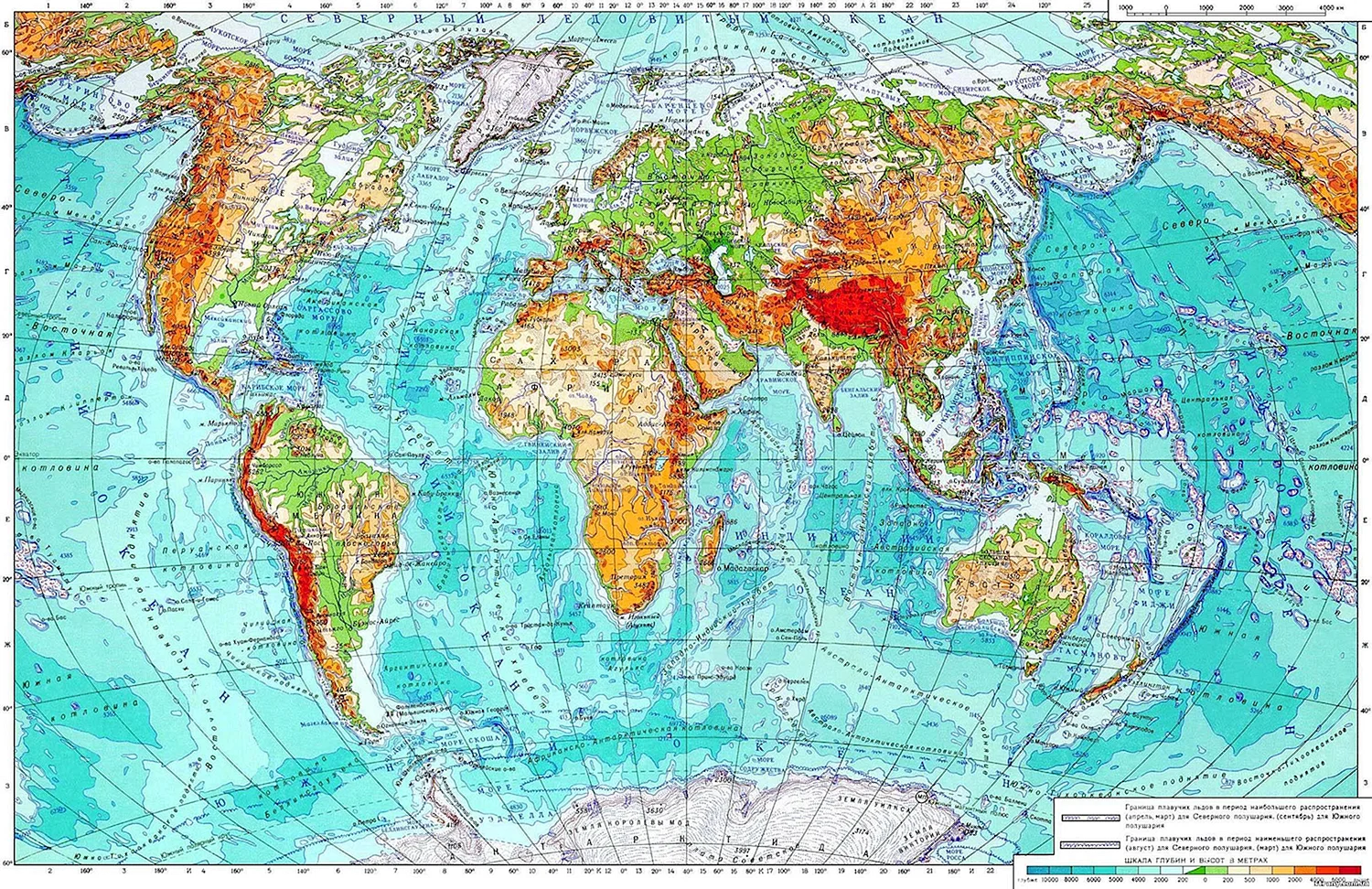 Карта мира географическая крупная рельеф