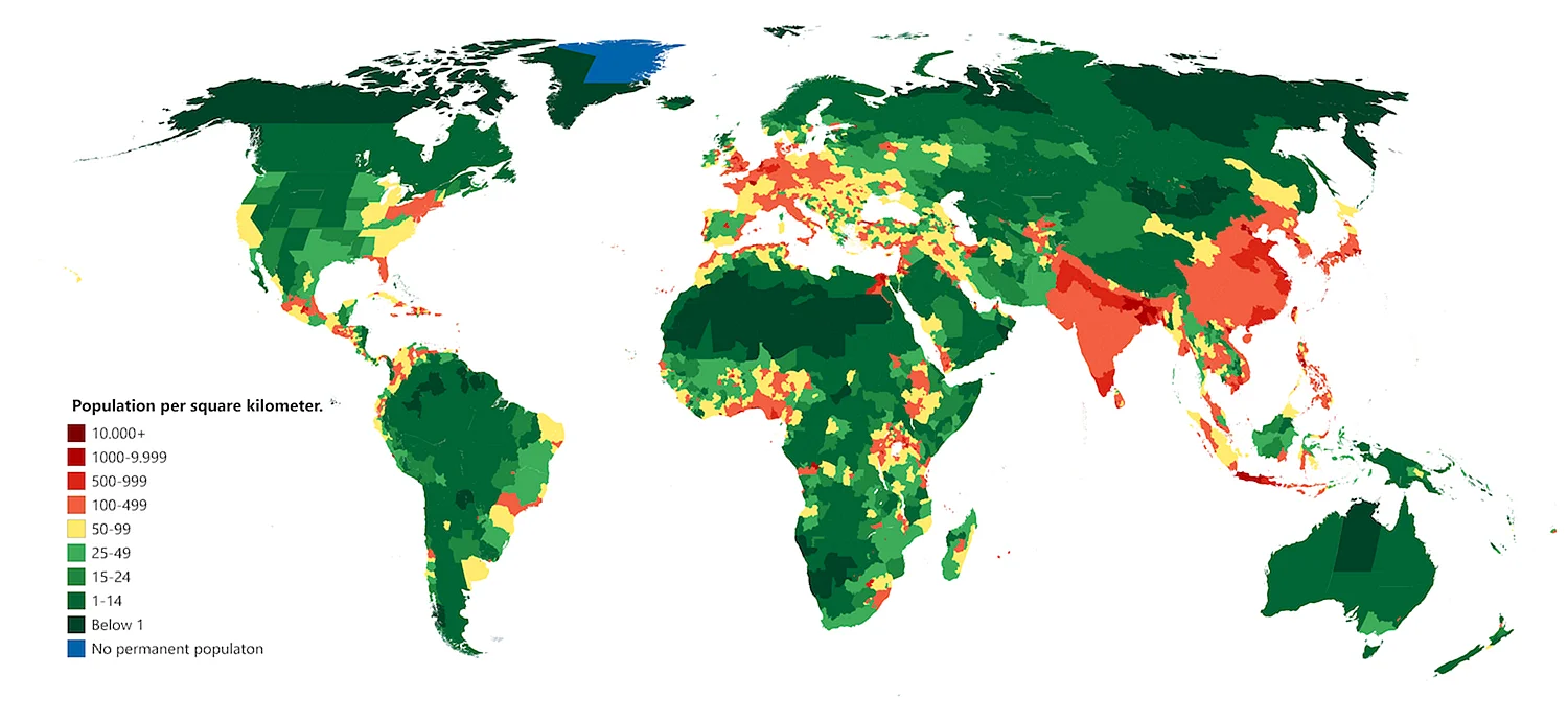 Карта плотности населения мира 2021