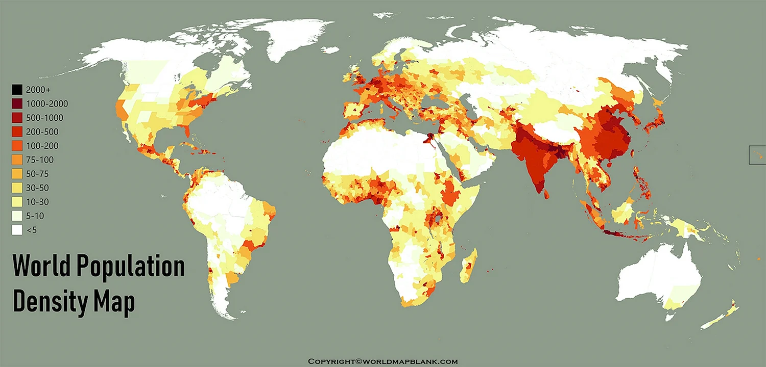 Карта плотности населения мира 2021