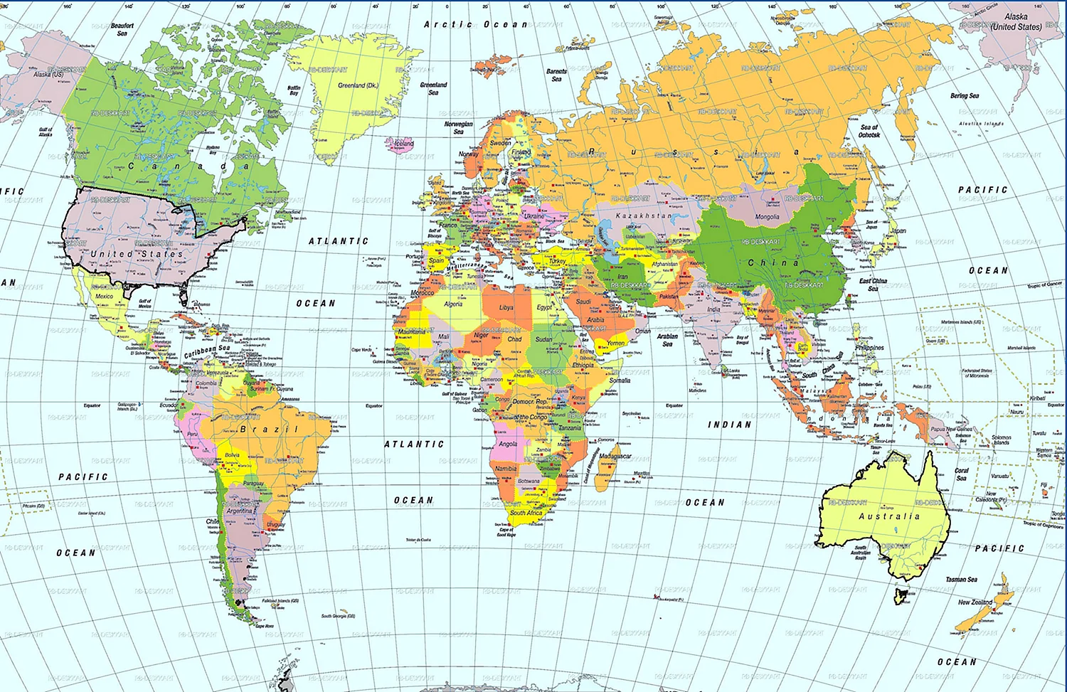 Карта политическая мира крупным планом с границами государств