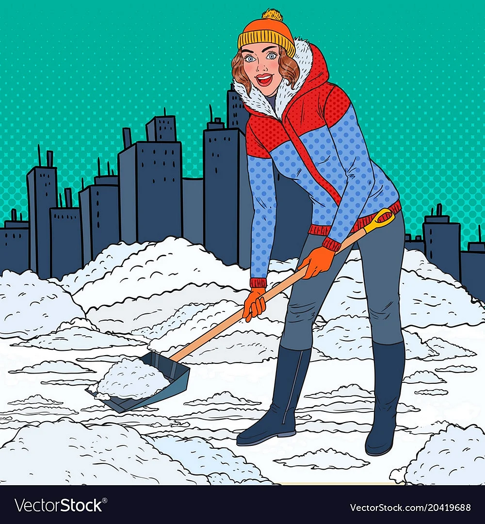 Женщина убирает снег